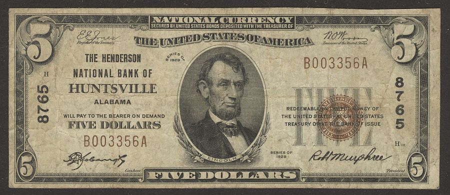 Huntsville, AL, 1929T1 $5, B003356A, Fine